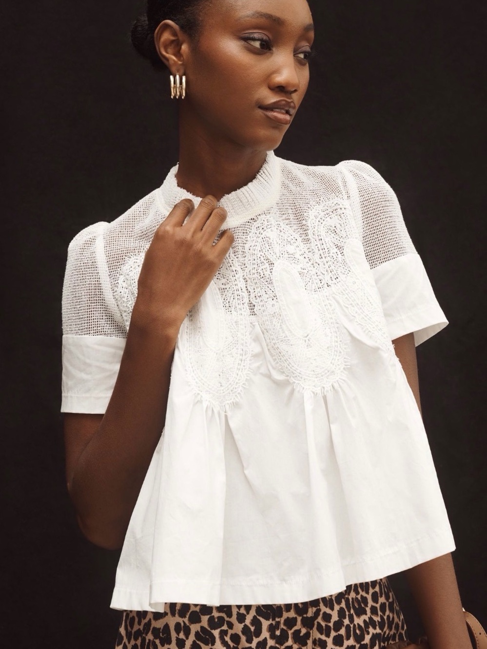 Anthropologie White  Short Sleeve lace  Peplum Top petite